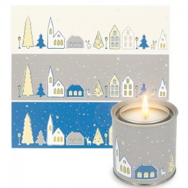 Stickers snowy village blue tones for canned candles